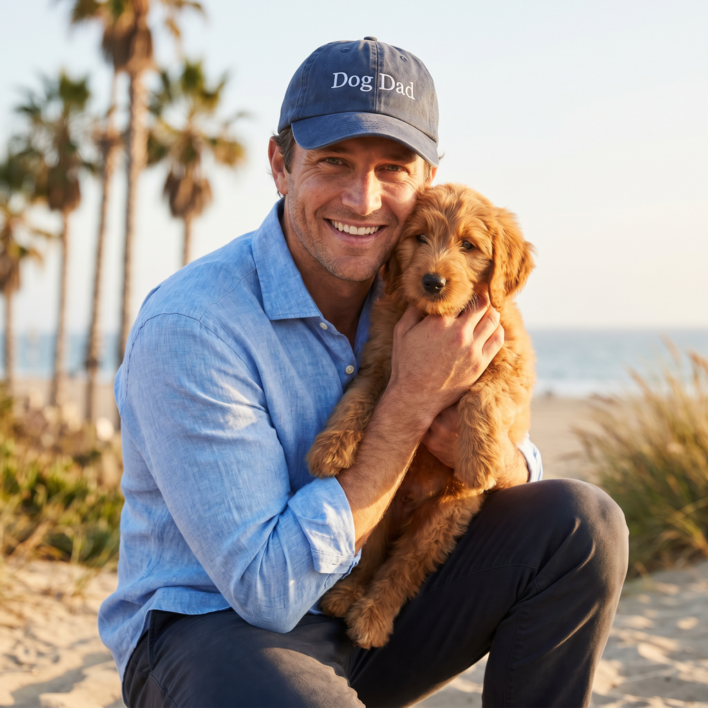 A smiling man crouching on a sandy beach holds a golden retriever puppy. The man wears a blue cap with the words 'Dog Dad' in white text, a light blue button-up shirt, and dark pants.
