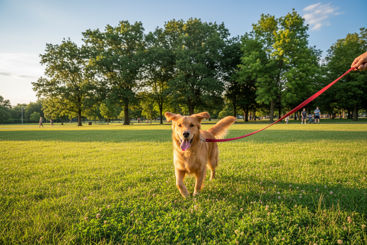 Dog on a lead in a park