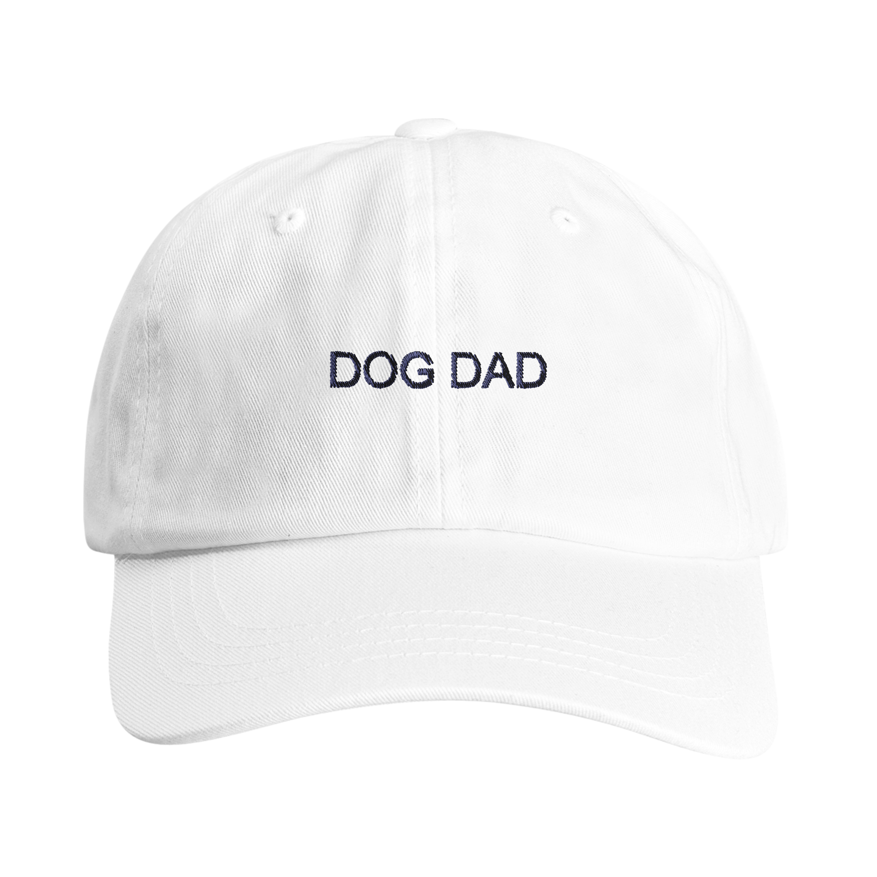 


A white cotton baseball cap with 'DOG DAD' embroidered in navy blue block letters on the front, shown against a plain white background.