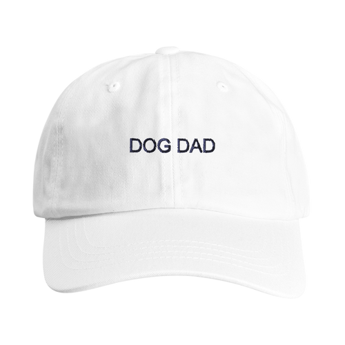 


A white cotton baseball cap with 'DOG DAD' embroidered in navy blue block letters on the front, shown against a plain white background.